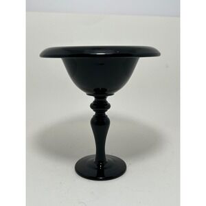 Vintage Black Amethyst Glass Pedestal Compote Bowl Rolled Rim Baluster Stem